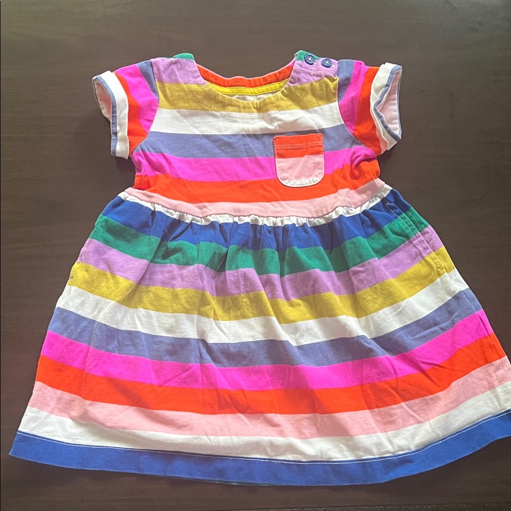 Mini Boden 2-3Y Rainbow Striped Cotton Dress – Short Sleeve, Pockets